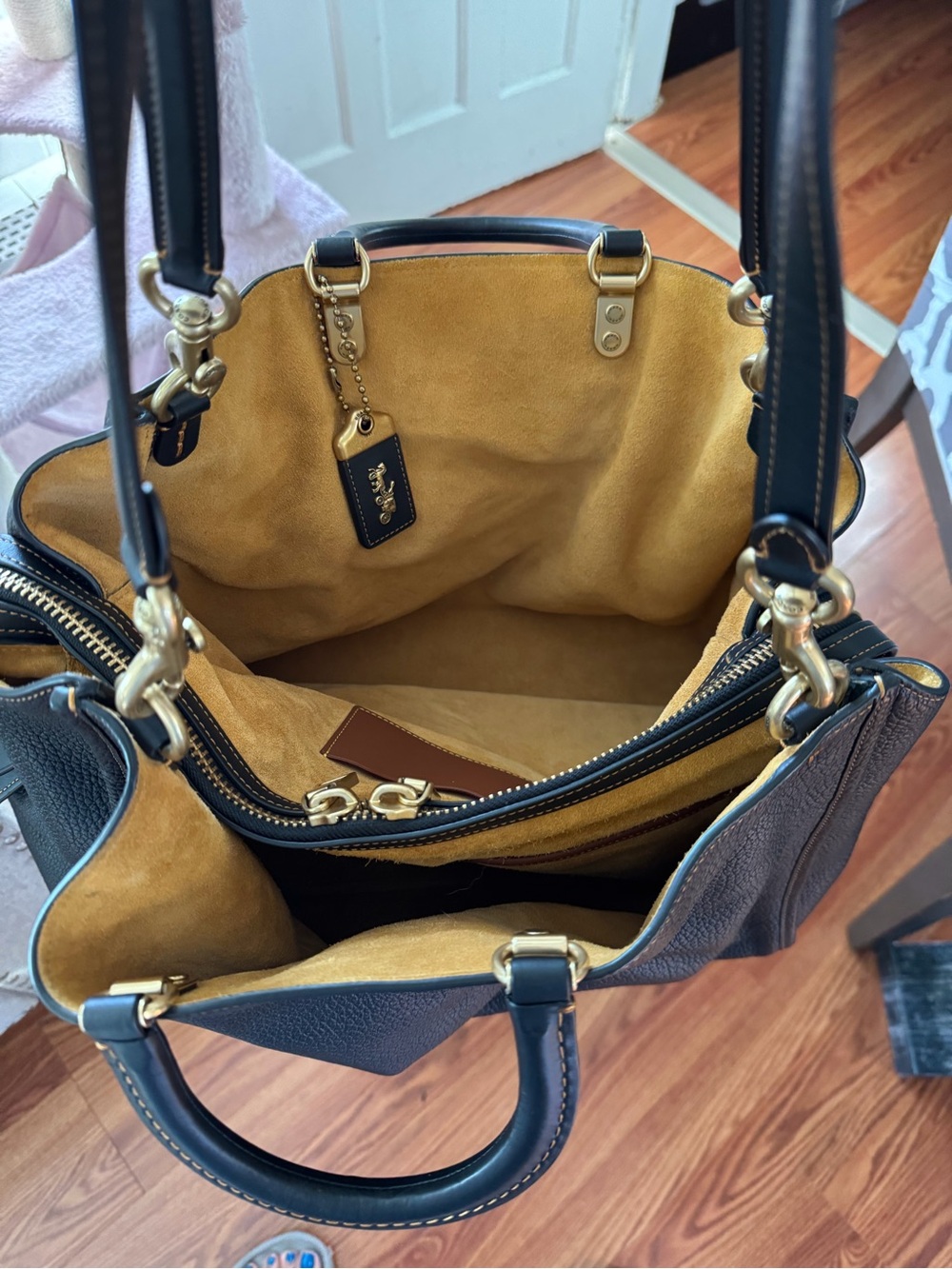Coach Black Pebbled Leather Tote with Mustard Suede Interior and Gold Hardware